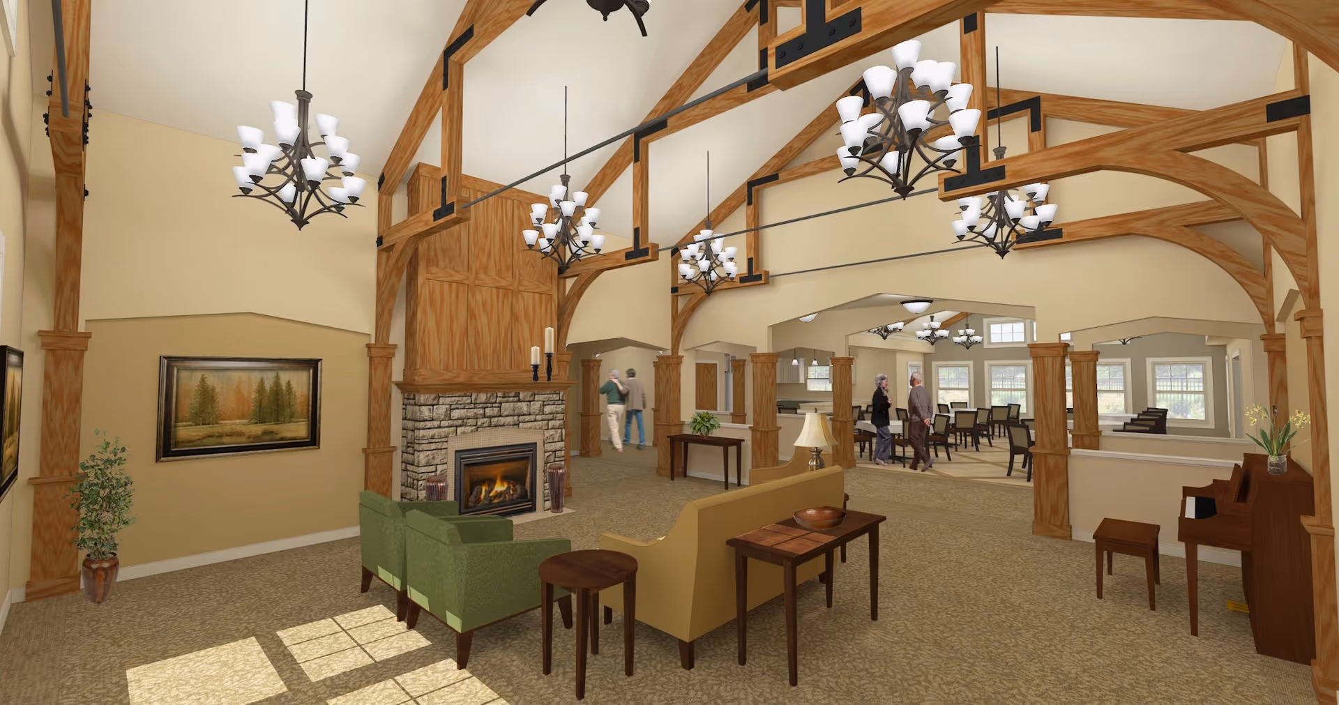 Spacious communal living room with exposed wooden beams, chandeliers, a stone fireplace, seating, and a dining area in the background.