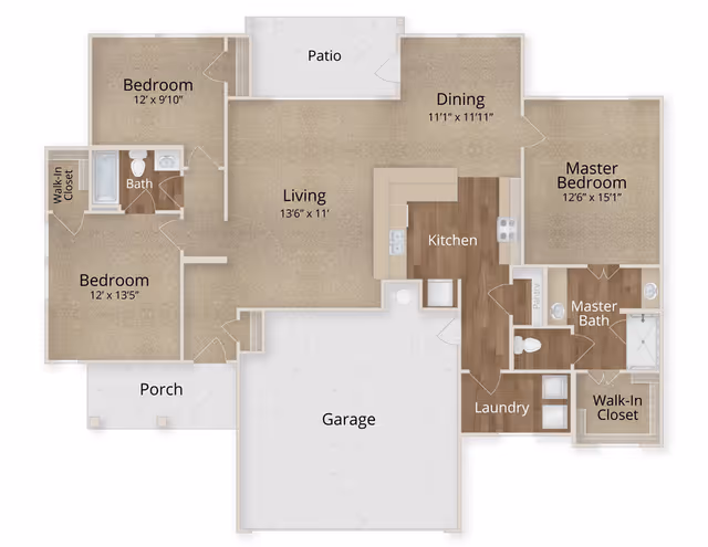Floor plan of a residential unit showing a porch, garage, three bedrooms including a master bedroom with walk-in closet and master bath, a living room, dining area, kitchen, laundry room, pantry, bathroom, and a patio.
