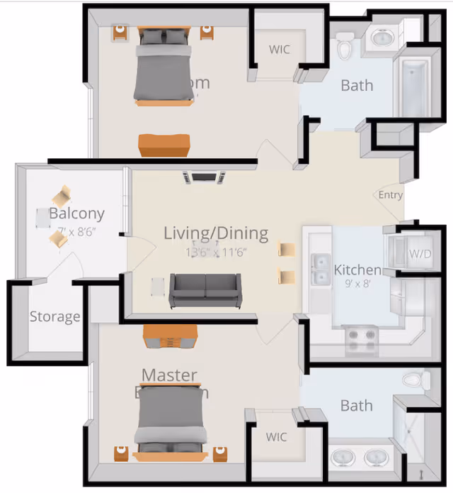 Floor plan of a residential unit at Beatitudes Campus, a CCRC, showing two bedrooms labeled 'Bedroom' and 'Master Bedroom', two bathrooms, a kitchen, a living/dining area, a balcony with two chairs and a table, and storage space. Each bedroom has a walk-in closet (WIC). The kitchen includes appliances and a washer/dryer area.