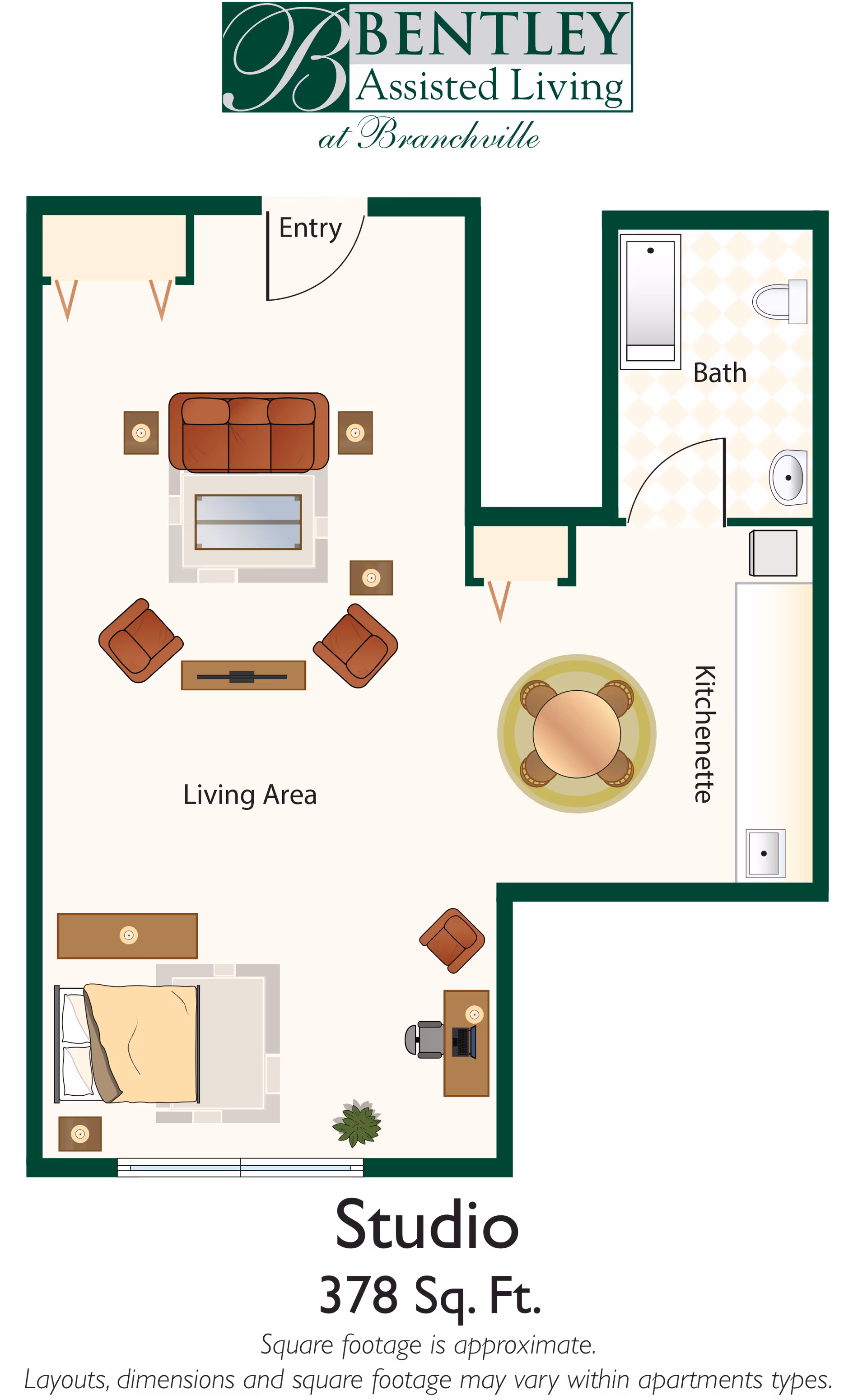 Floor plan of a studio apartment at Bentley Assisted Living at Branchville showing an entry, living area with sofa, chairs, coffee table, bed, desk, and plant, a kitchenette with a round dining table and four chairs, and a bathroom with a bathtub, toilet, and sink.