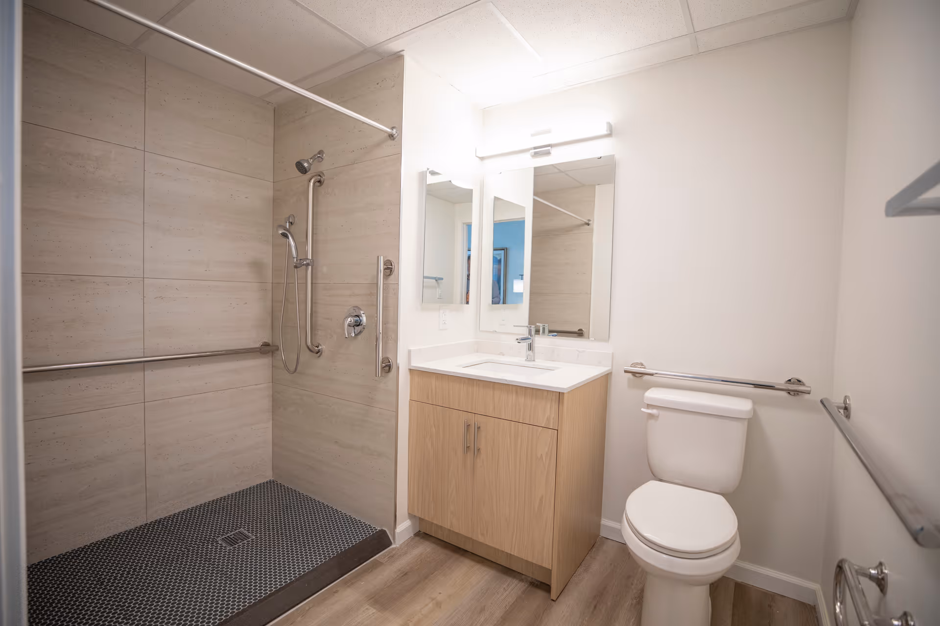 Bright accessible bathroom with a walk-in tiled shower, wood vanity with mirror, and a toilet with grab bars.