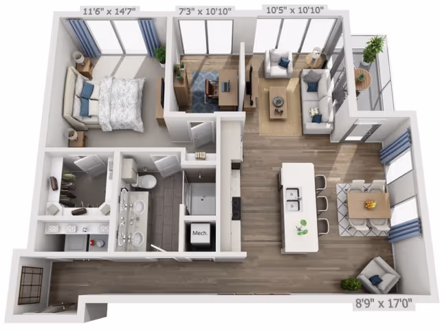 3D floor plan of a one-bedroom apartment featuring a bedroom with a bed and nightstands, a bathroom with double sinks and a shower, a kitchen with an island and bar stools, a dining area with a table and chairs, a living room with sofas and a coffee table, and a small office space with a desk. The apartment has large windows and a balcony.