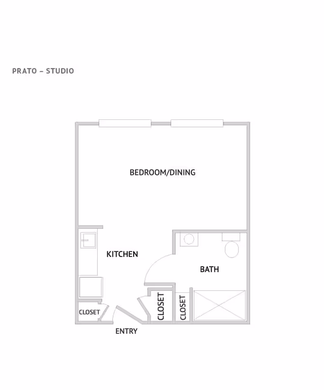 Simple studio floor plan titled 'PRATO - STUDIO' showing a combined bedroom/dining area, kitchen, bathroom, closets, and entry.