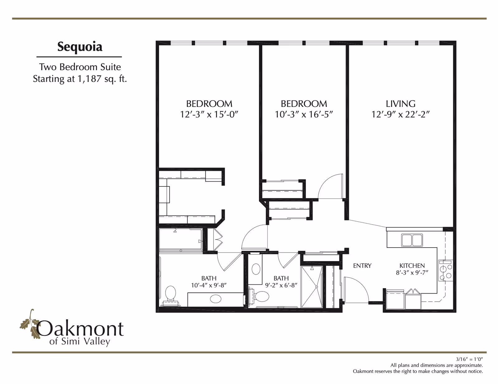 Floor plan of Sequoia two-bedroom suite at Oakmont of Simi Valley, showing two bedrooms, two bathrooms, a living room, kitchen, and entry area with dimensions for each room.
