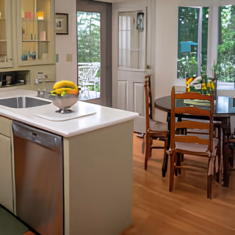 Interior view of a kitchen and dining area with a white countertop island featuring a sink and a bowl of bananas. Wooden dining chairs and a round table with a flower arrangement are visible near large windows showing green trees outside.