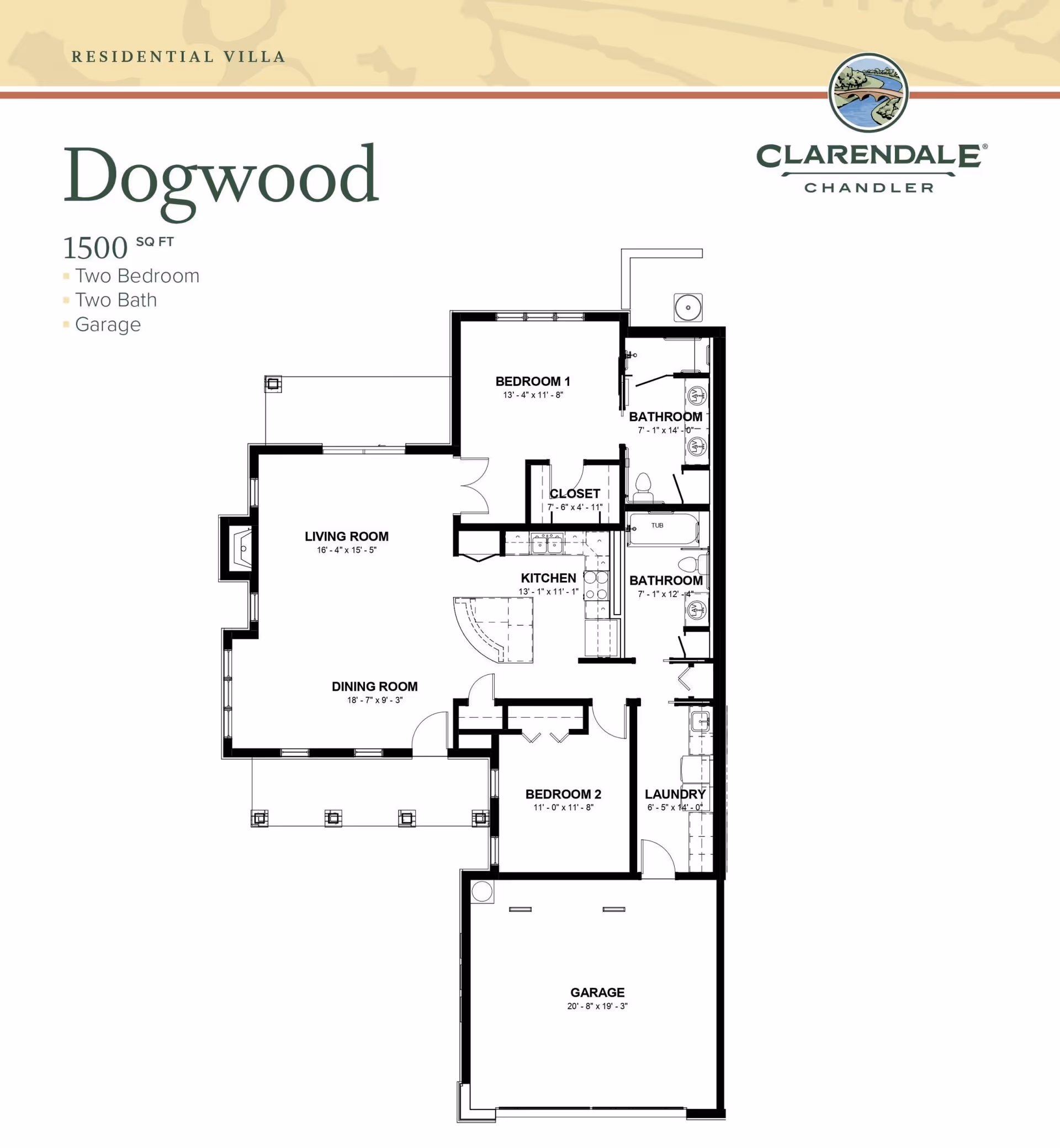 Floor plan titled 'Dogwood' for a 1500 sq ft two-bedroom, two-bathroom Clarendale of Chandler residential villa with labeled rooms and garage.
