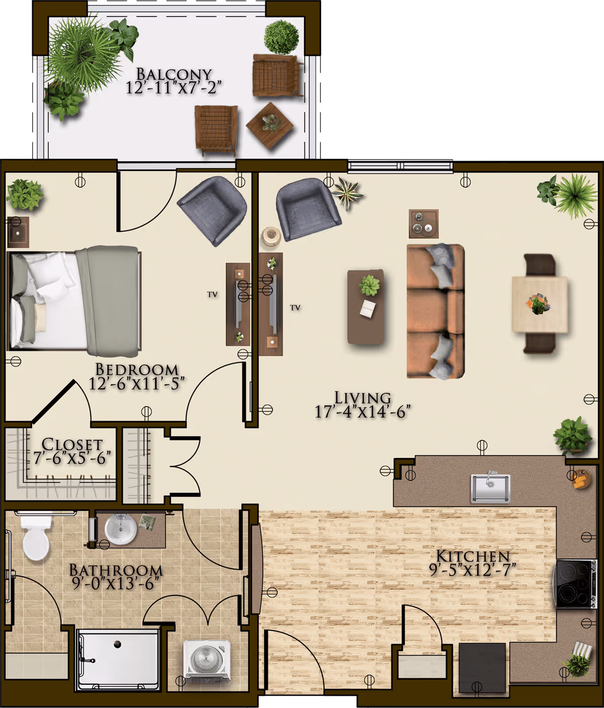 Colored floor plan of a one-bedroom apartment showing a bedroom, living room, kitchen, bathroom, closet and balcony with furniture and dimensions labeled.