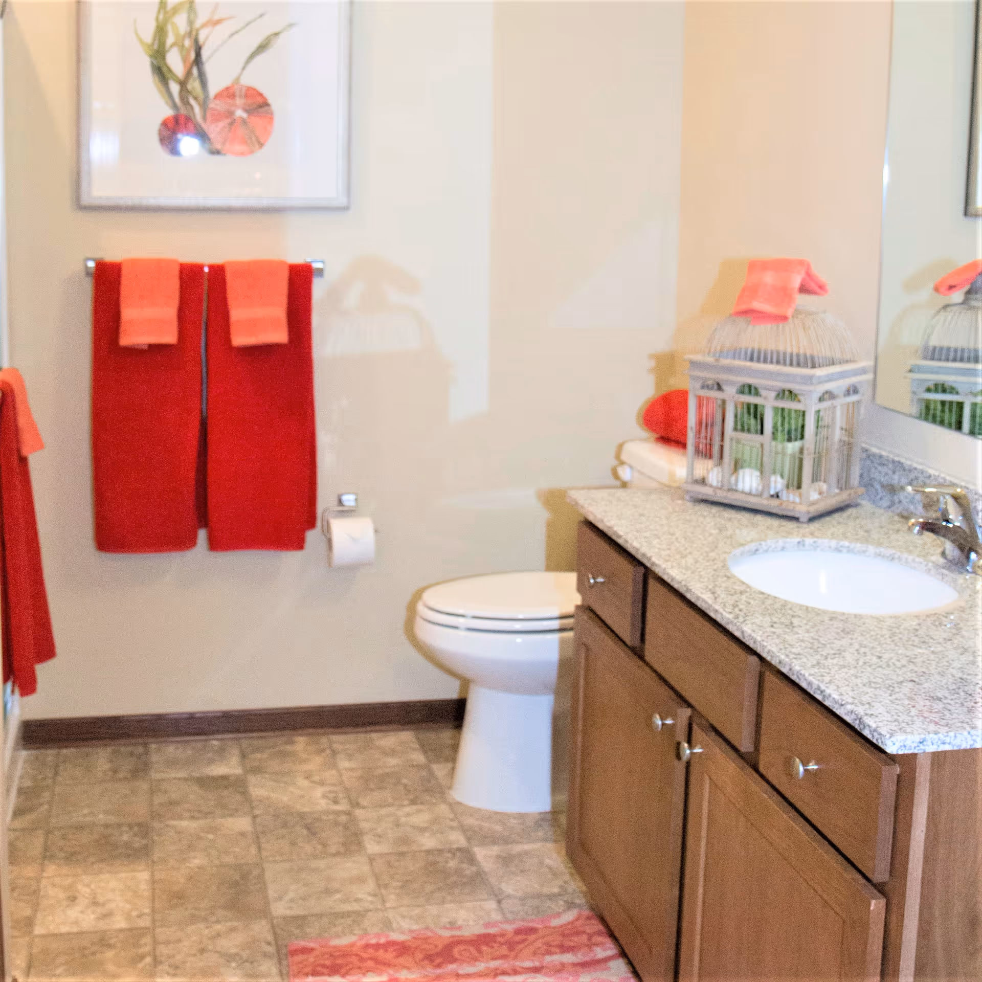 A bathroom with a white toilet, a granite countertop with a sink, wooden cabinets, and a large mirror. There are red towels hanging on a towel rack on the wall, a red rug on the floor, and a decorative birdcage with greenery on the countertop. A framed picture is hung above the towel rack.