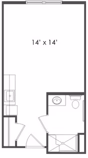 Architectural floor plan of a 14 by 14 feet room with an attached bathroom. The bathroom includes a toilet, sink, and shower. The main room has a small kitchenette area with a sink and counter space near the entrance.