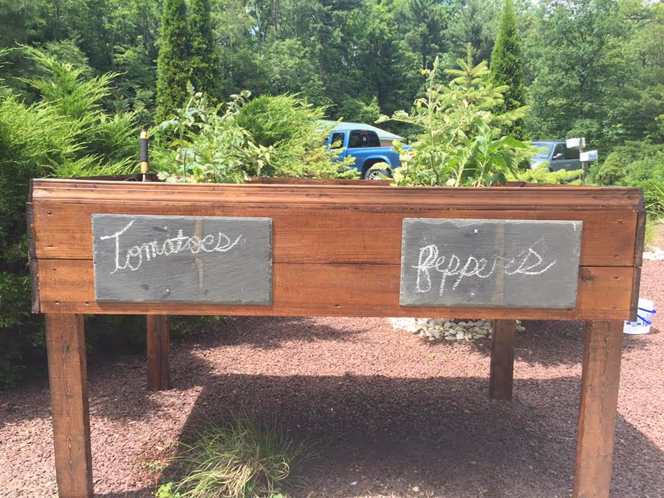A raised wooden garden bed outdoors with two chalkboard signs labeled 'Tomatoes' and 'Peppers'. Various green plants are growing in the garden bed. In the background, there are trees, bushes, and a blue pickup truck parked on a gravel surface.