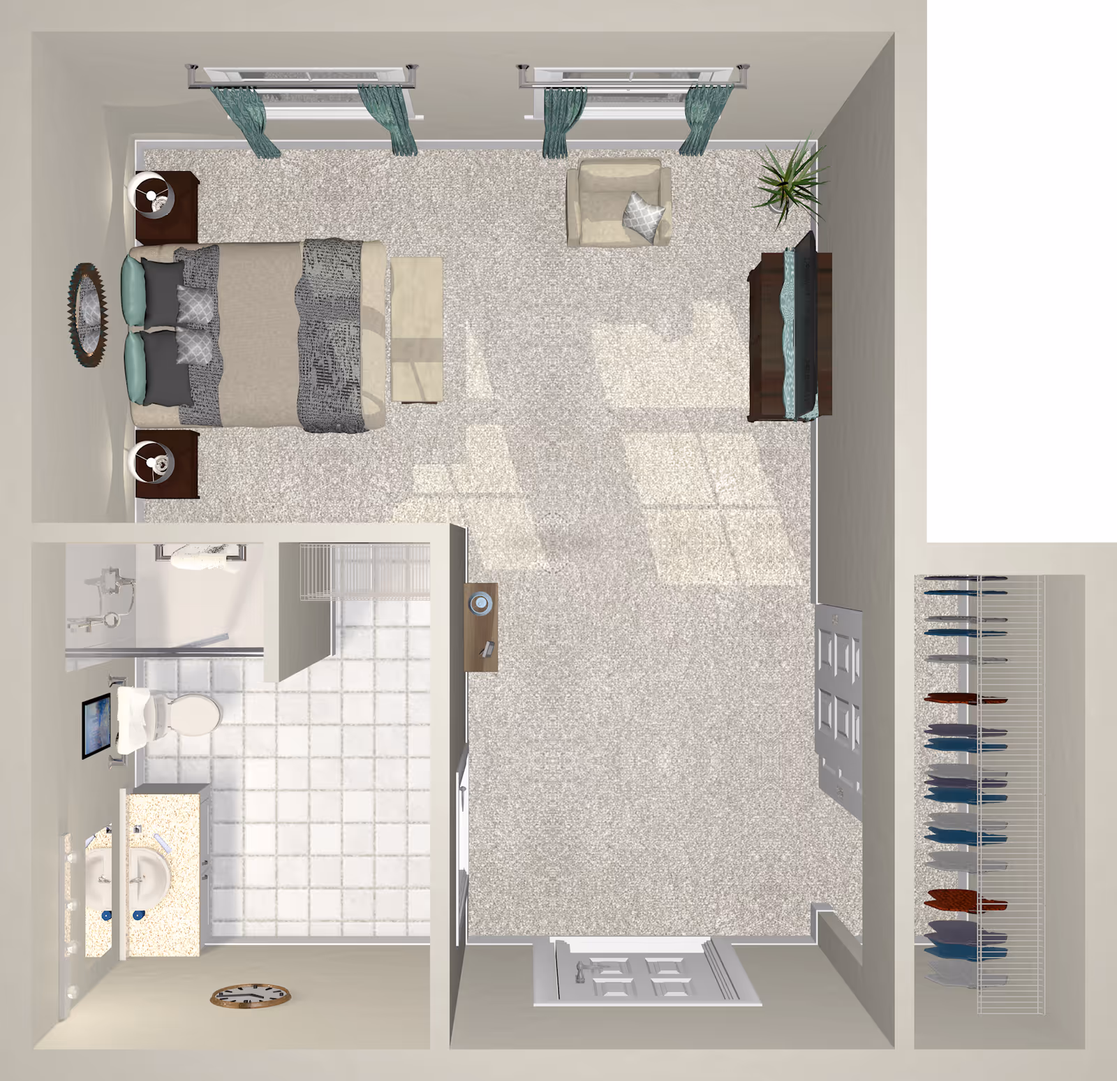 Top-down view of a furnished bedroom and bathroom layout. The bedroom includes a bed with pillows and blankets, two nightstands with lamps, a chair, a TV on a stand, and a plant near the windows with curtains. The bathroom features a shower, toilet, sink with countertop, and a wall clock. There is also a closet with hanging clothes adjacent to the bedroom.