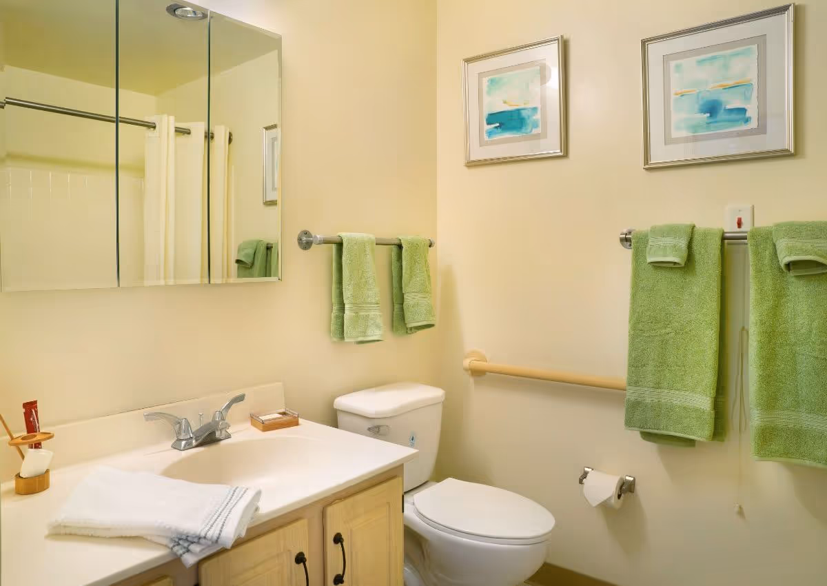 A clean bathroom with a white sink and countertop, wooden cabinet below, a toilet, and a wall-mounted mirror cabinet. There are green towels hanging on towel racks, two framed abstract paintings on the wall, a toilet paper holder with a roll, and a grab bar next to the toilet.