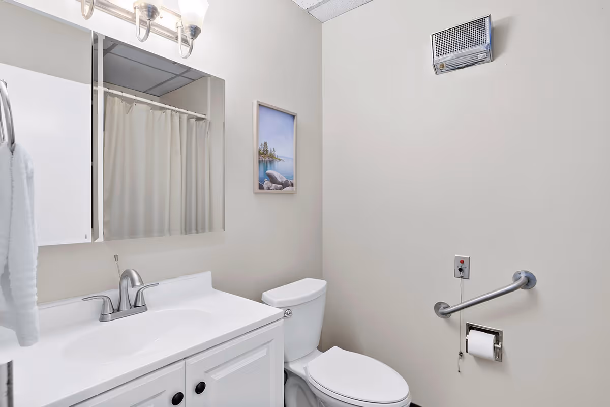 A clean bathroom with a white vanity and sink, a mirror above the sink, a toilet next to the vanity, a towel hanging on a rack, a shower curtain visible in the mirror reflection, a grab bar next to the toilet, a wall-mounted emergency pull cord, and a framed picture of a lakeside scene on the wall.