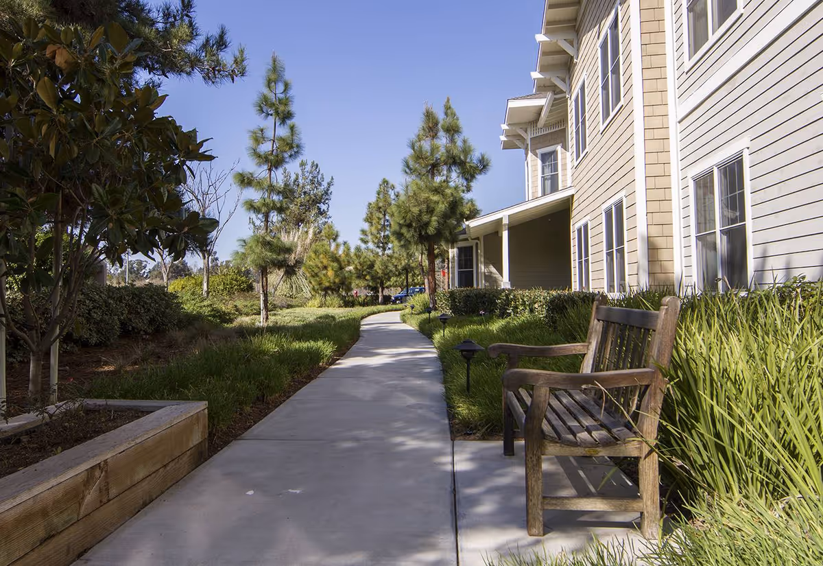 A paved walkway lined with green grass and trees runs alongside a beige building with multiple windows. A wooden bench is placed on the right side of the path near the building. The sky is clear and blue.