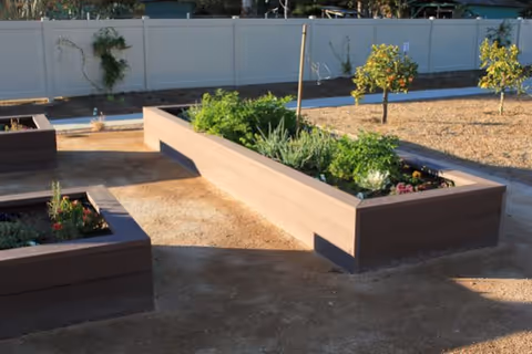 Raised wooden garden beds with plants in a fenced outdoor courtyard.