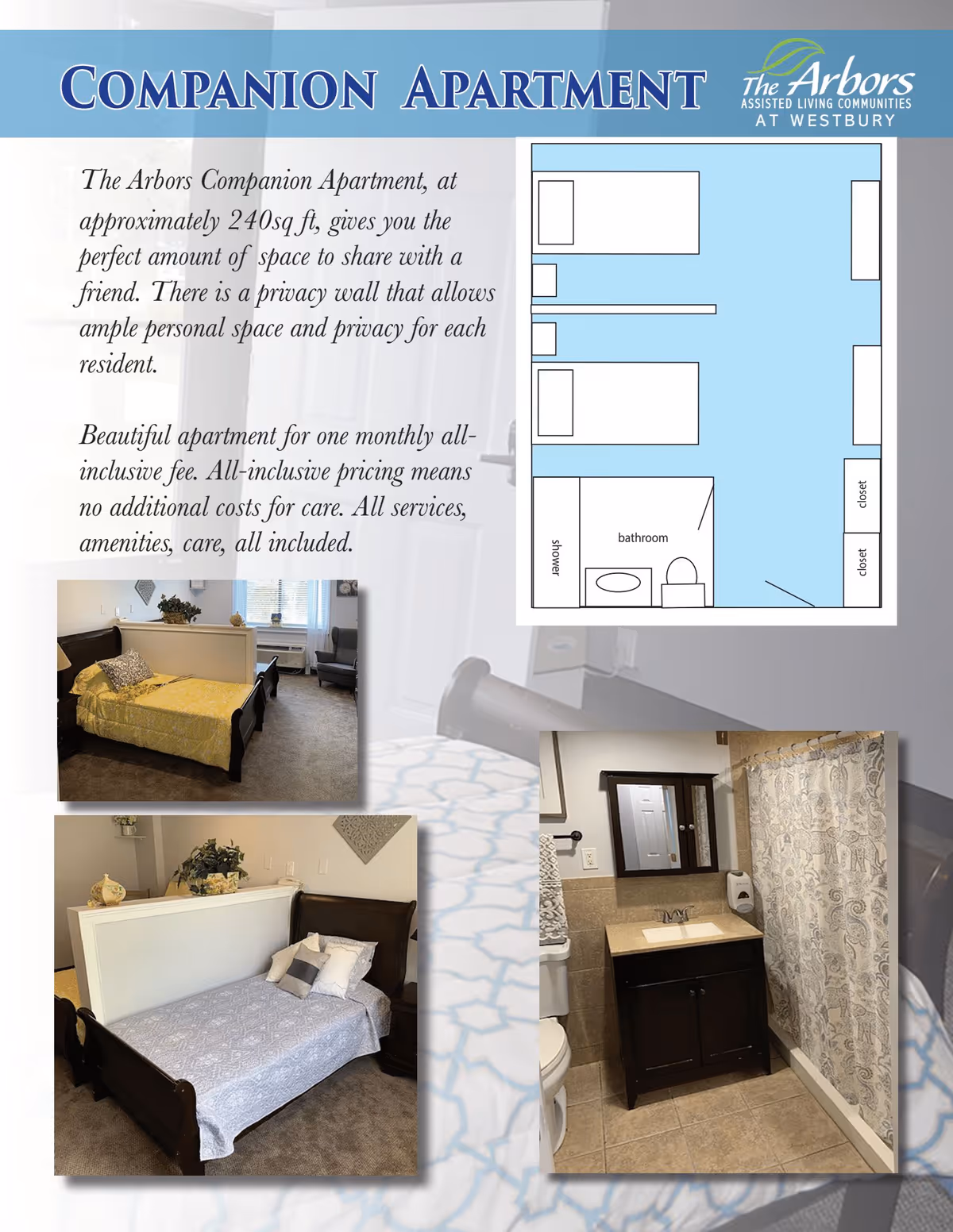 Brochure page for The Arbors Assisted Living Communities at Westbury showing a companion apartment layout. The page includes a floor plan of the apartment with two beds, a bathroom, closets, and a privacy wall. There are three photos: one of a bedroom with a yellow bedspread, one of a bedroom with a gray bedspread and pillows, and one of a bathroom with a sink, mirror, toilet, and shower with patterned curtain.