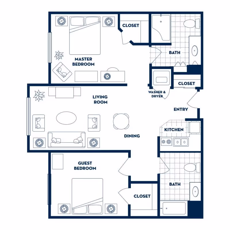 Two-bedroom apartment floor plan showing a master bedroom, guest bedroom, living room, dining area, kitchen, two bathrooms, closets, and a washer/dryer.