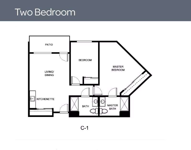 Black-and-white two-bedroom floor plan labeled 'Two Bedroom' and 'C-1' showing a living/dining area with kitchenette, a bedroom, master bedroom with master bath, a second bath, and a patio.