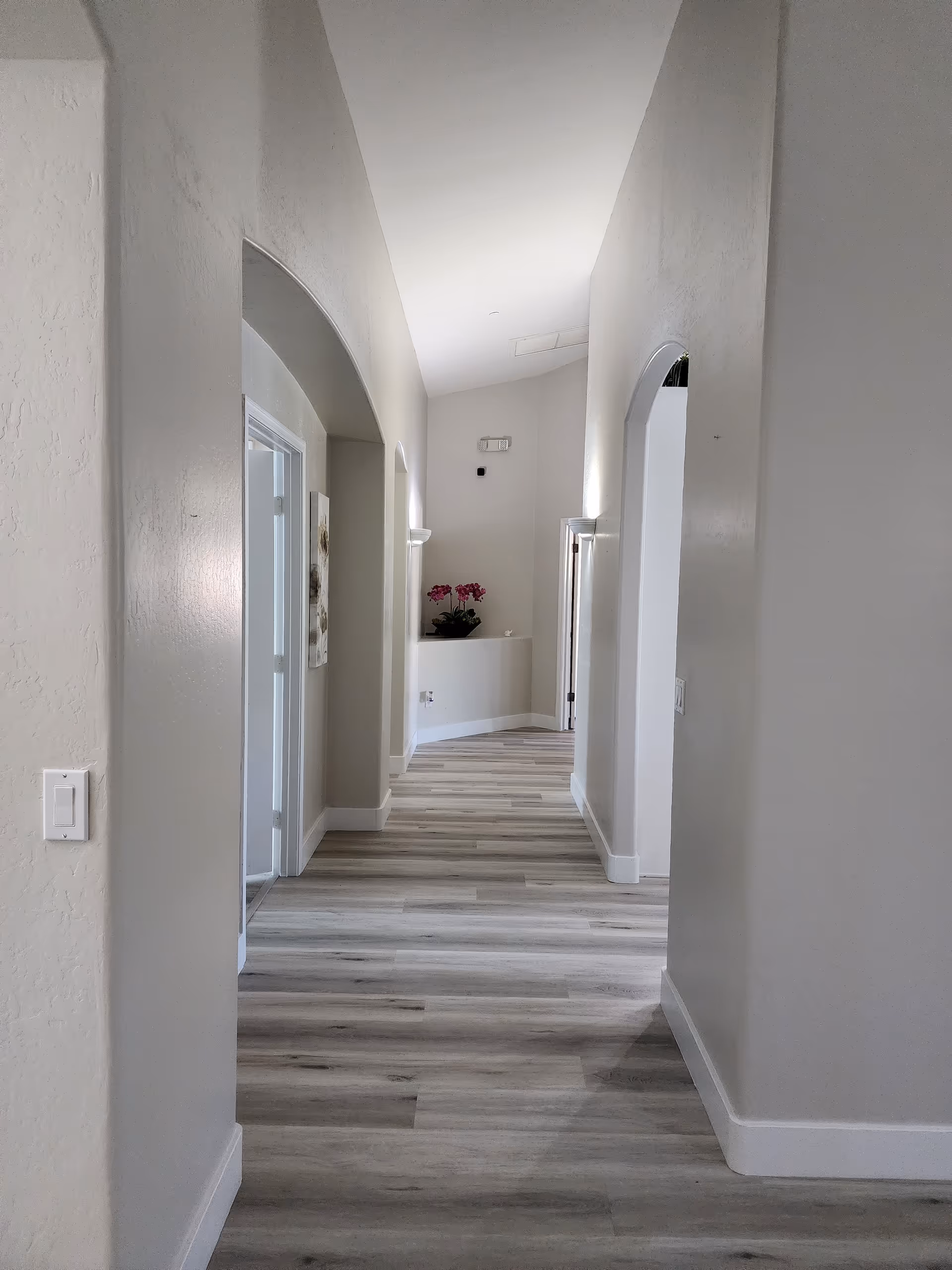 A bright hallway with light gray walls and wood-patterned flooring. The hallway features arched doorways on both sides and a small ledge at the end with a potted plant with pink flowers. The space is clean and modern with white baseboards and a light switch on the left wall.