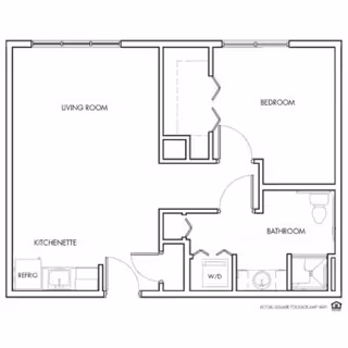 Architectural floor plan of a senior living apartment unit showing a living room, kitchenette with refrigerator, bedroom, bathroom, and a washer/dryer area.
