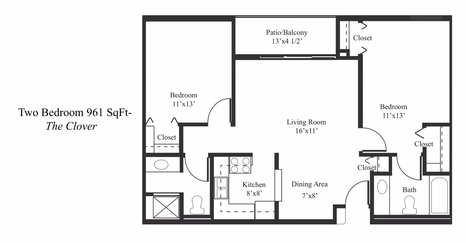 Floor plan of a two-bedroom apartment named The Clover, with a total area of 961 square feet. The layout includes two bedrooms each measuring 11 by 13 feet, a living room measuring 16 by 11 feet, a kitchen measuring 8 by 8 feet, a dining area measuring 7 by 8 feet, two bathrooms, closets in each bedroom, and a patio/balcony measuring 13 by 4.5 feet.