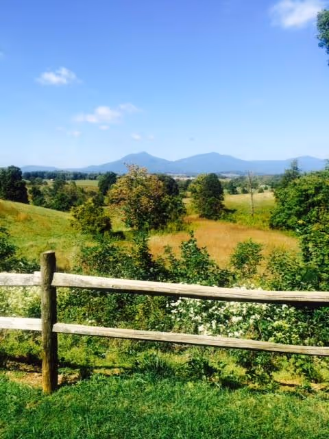 A scenic outdoor view featuring a wooden fence in the foreground, green grass, bushes, and trees spread across rolling fields with mountains in the distance under a blue sky with a few clouds.