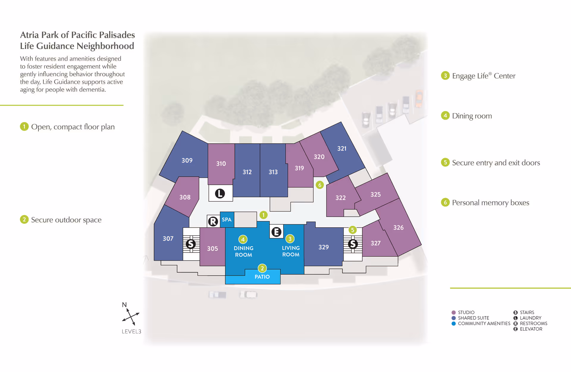Floor plan of Atria Park of Pacific Palisades Life Guidance Neighborhood showing an open, compact layout with labeled rooms including dining room, living room, patio, spa, and various studio and shared suite units. The plan highlights secure outdoor space, Engage Life Center, secure entry and exit doors, and personal memory boxes. Icons indicate stairs, laundry, restrooms, and elevator locations.