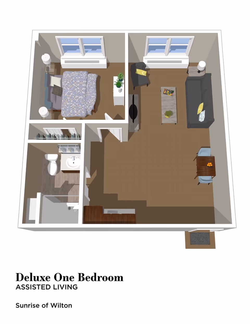 3D floor plan of a deluxe one-bedroom assisted living apartment at Sunrise of Wilton, showing a bedroom with a bed and nightstands, a bathroom with a toilet, sink, and shower, and a living room with a sofa, armchair, coffee table, TV, and a small dining table with two chairs.