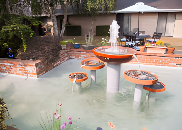 Outdoor water fountain with multiple circular tiers and water flowing from the top tier into a shallow pool. Surrounding the fountain are brick walls, some greenery, and outdoor seating with tables and chairs in the background.
