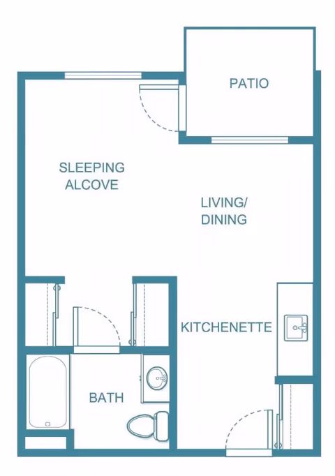Floor plan of a living space at Holiday Warburton Place showing a sleeping alcove, living/dining area, kitchenette, bathroom, and a patio.