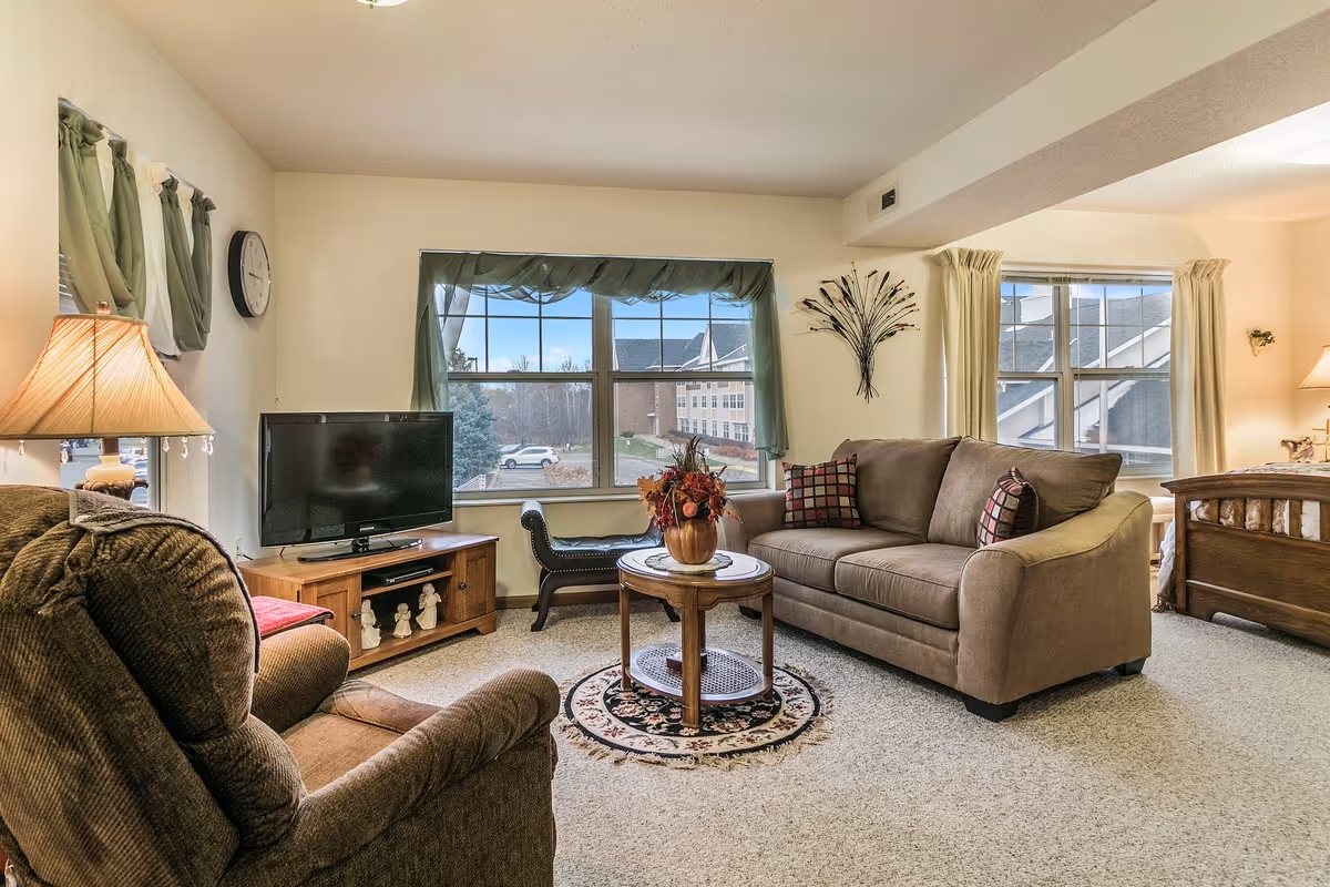 Cozy living room with a sofa, armchair, TV on a stand, round coffee table and large windows.