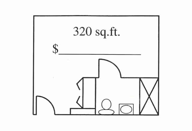 A simple black and white floor plan of a 320 square foot space showing an entrance, a bathroom with a toilet and sink, and a closet area.