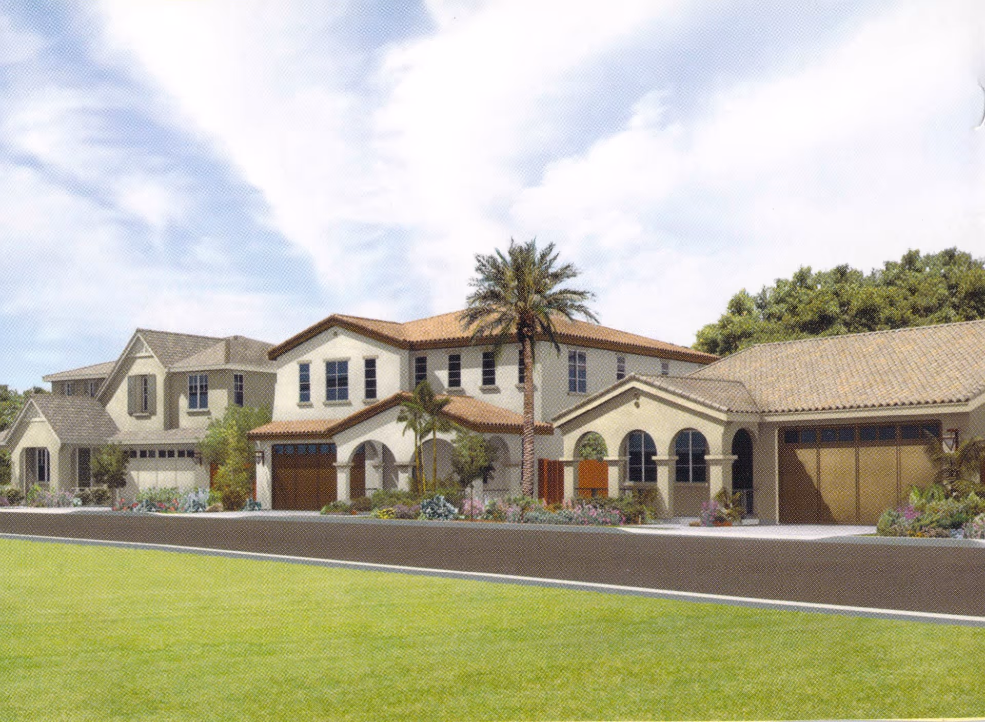 Exterior view of a senior living facility named Peppertree featuring multiple connected buildings with beige walls, tiled roofs, arched windows, and a palm tree in front, surrounded by landscaped greenery and a clear sky above.