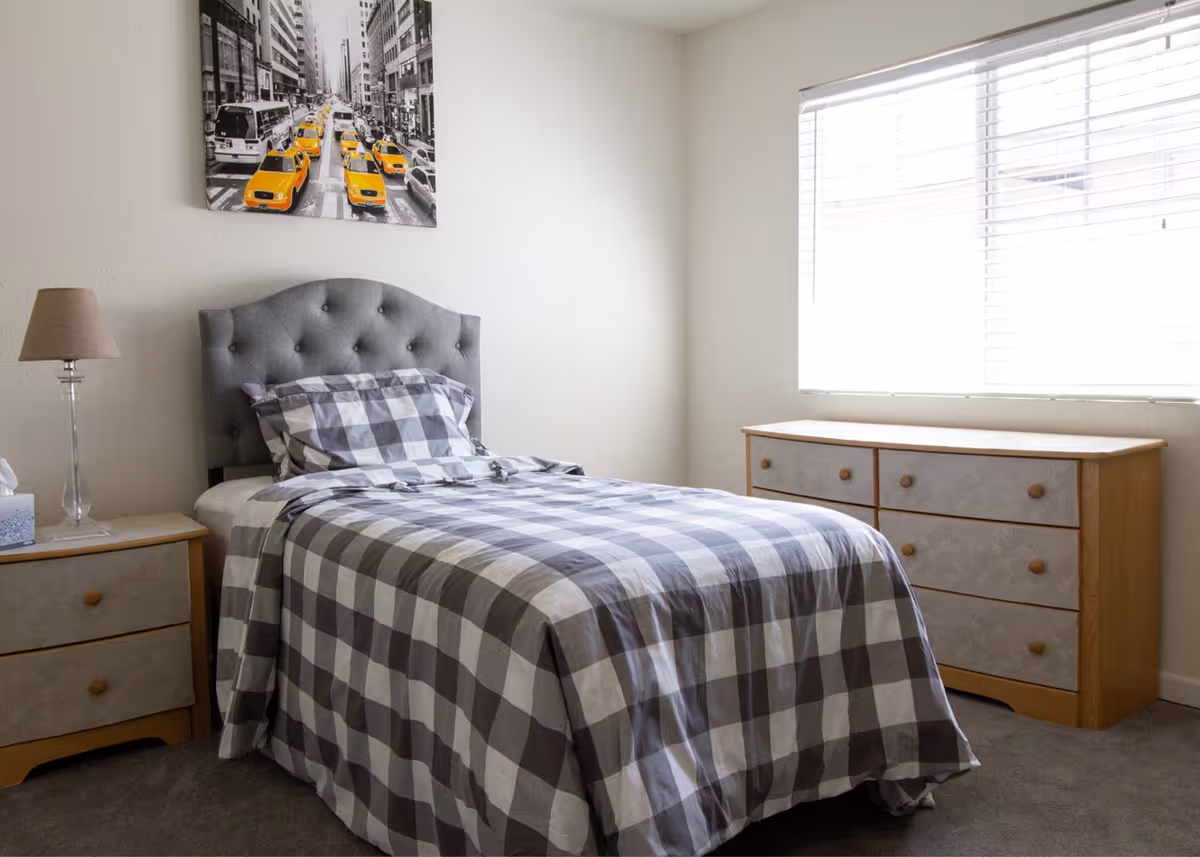 A bedroom with a single bed featuring a gray tufted headboard and checkered gray and white bedding. There is a wooden nightstand with a lamp and tissue box on the left side of the bed, and a wooden dresser with six drawers under a window with white blinds on the right side. A black and white cityscape photo with yellow taxis is hung on the wall above the bed.