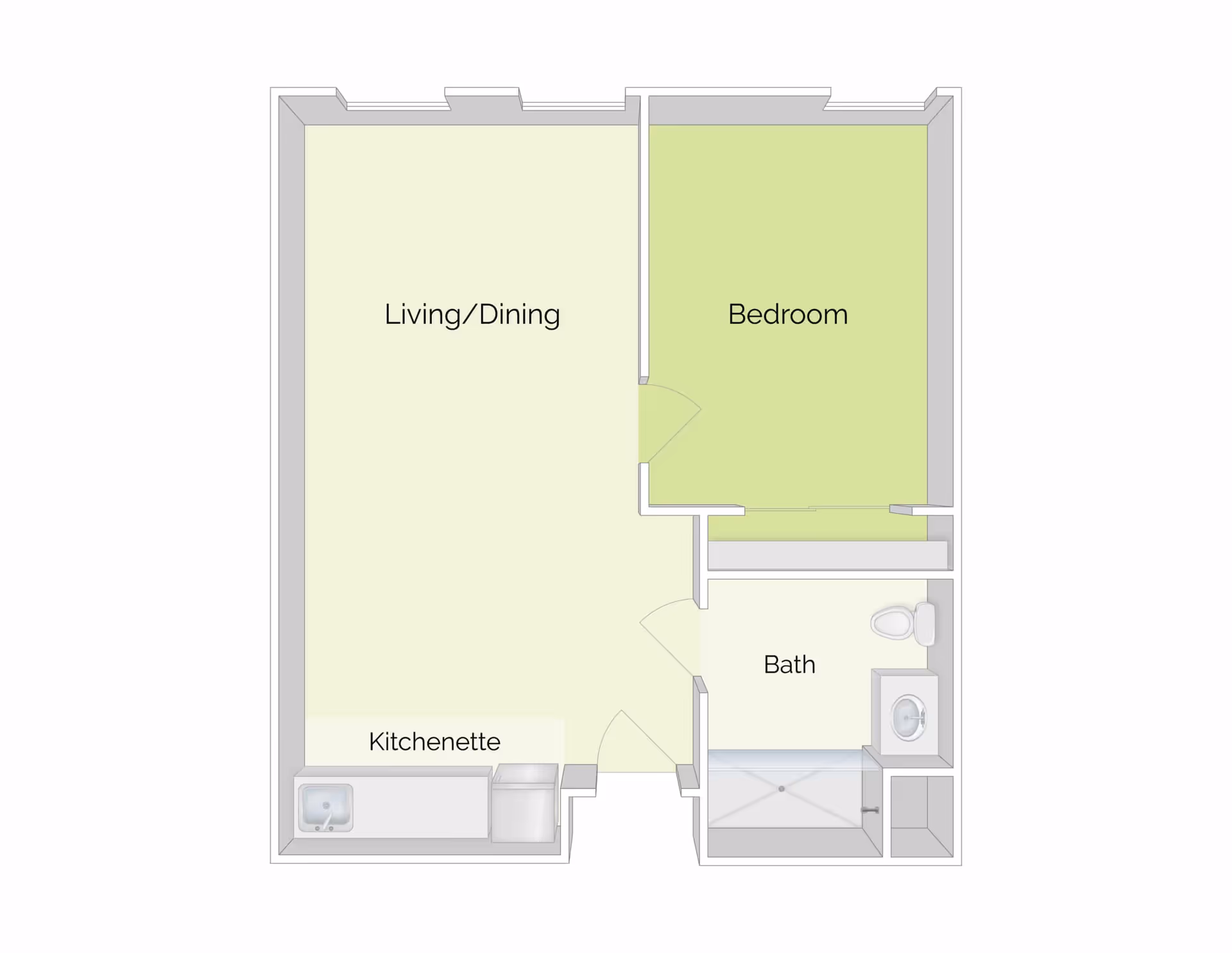Floor plan of a one-bedroom apartment at The Residence at Ferry Park, showing a living/dining area with a kitchenette, a separate bedroom, and a bathroom with a shower, toilet, and sink.