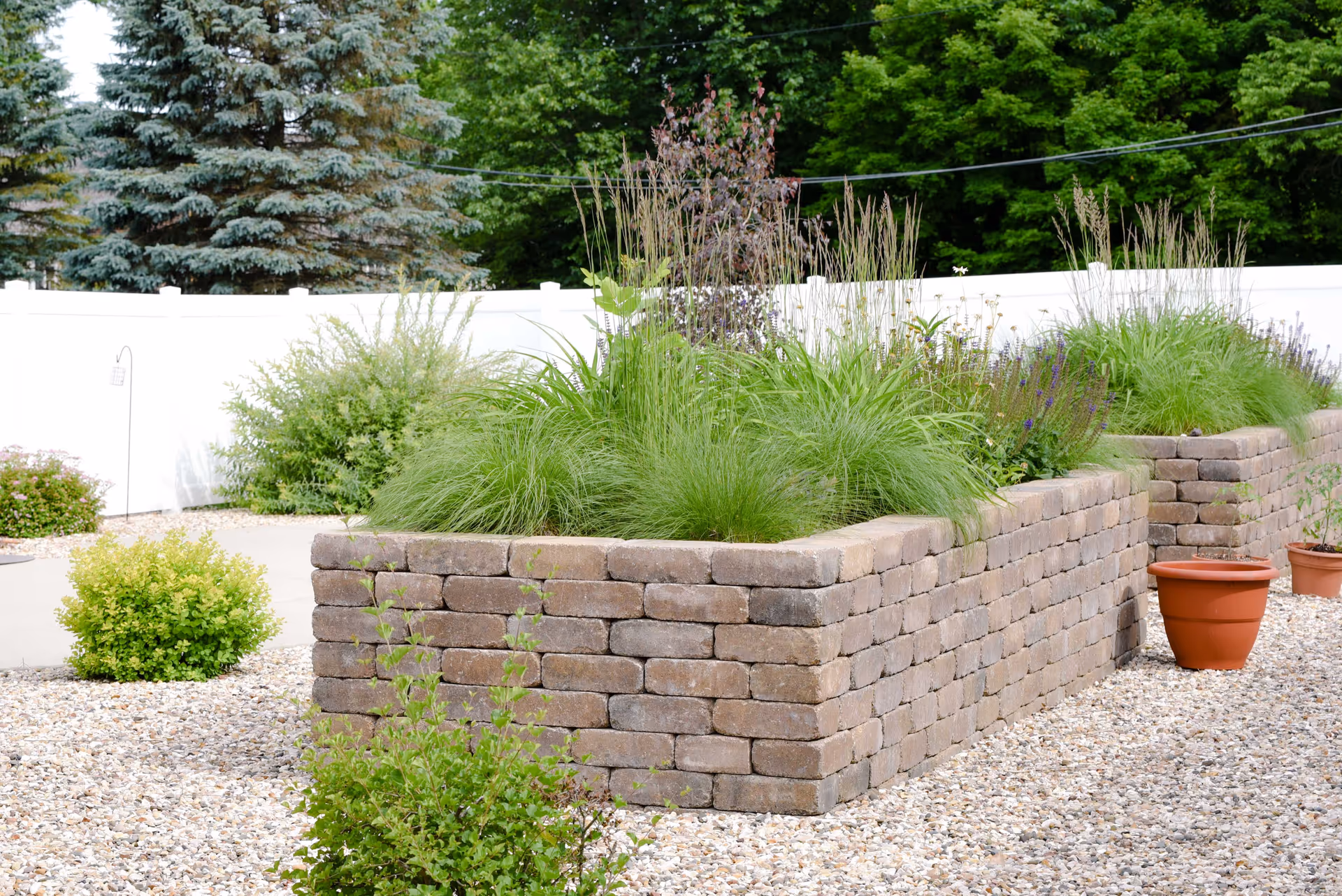 Outdoor garden area with raised brick flower beds filled with various green plants and grasses, surrounded by gravel ground cover. There are a few terracotta pots on the gravel and a white fence in the background with tall evergreen and leafy trees behind it.