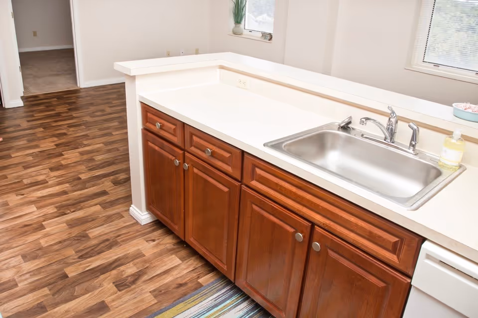 A kitchen area with wooden cabinets, a white countertop, and a stainless steel sink with a faucet. The floor has a wood pattern, and there is a small plant on the windowsill. The room beyond the kitchen has carpeted flooring.