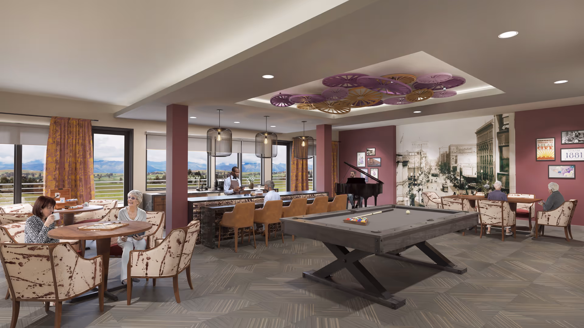A spacious senior living common area with a pool table in the center, several seating areas with patterned armchairs and round tables, a bar with high chairs where a staff member is serving a resident, large windows with views of a green landscape and mountains, and a person playing a grand piano near a wall decorated with vintage city photos and framed artwork.