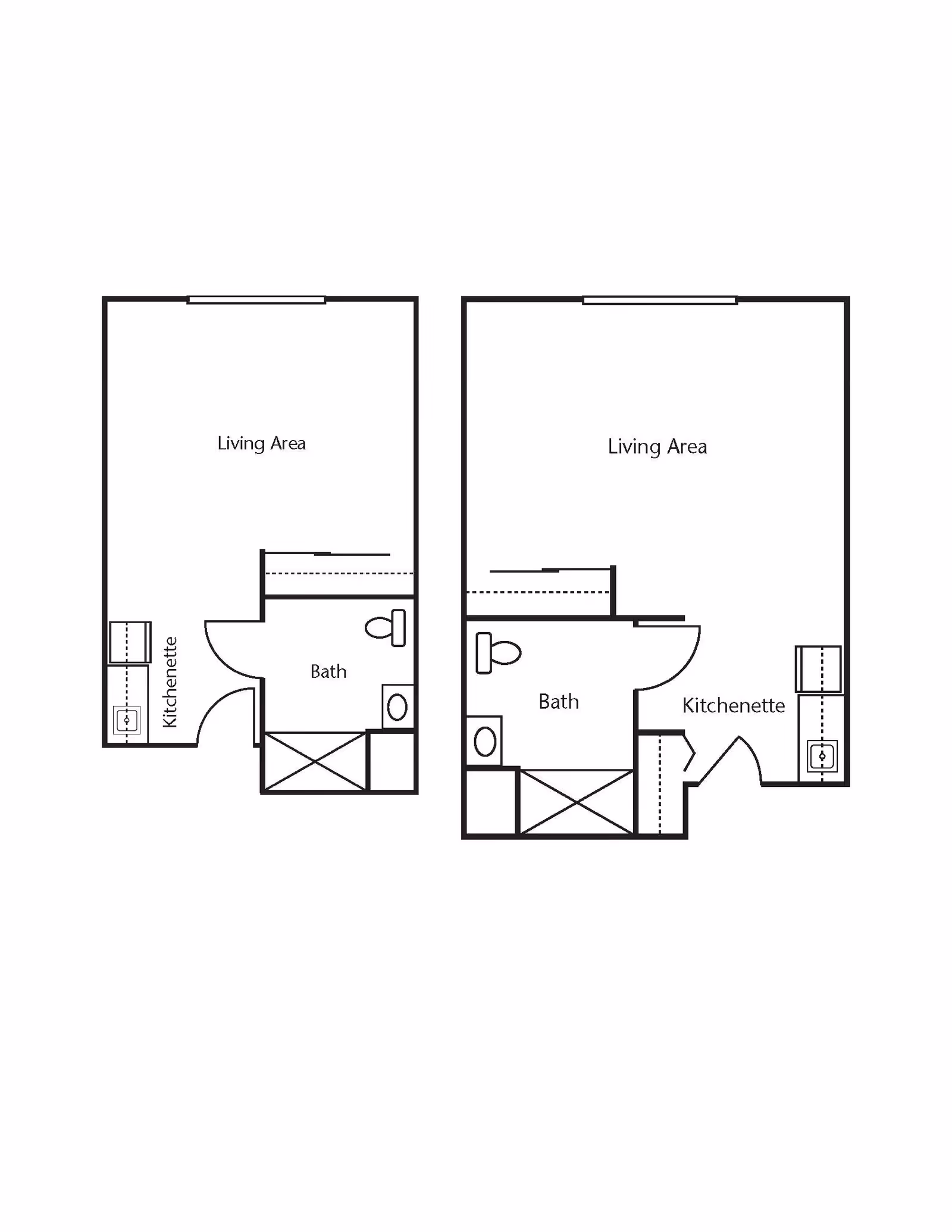 Architectural floor plan showing two studio apartment layouts, each with a living area, kitchenette, and bathroom.