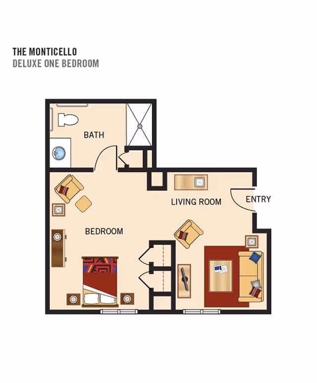 Illustrated floor plan titled 'The Monticello' showing a deluxe one-bedroom apartment with a bedroom, bathroom, living room, and entry.